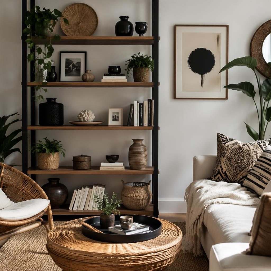 Vestidor art déco en blanco y negro con estantería decorada, materiales naturales, plantas, arte y luz suave.