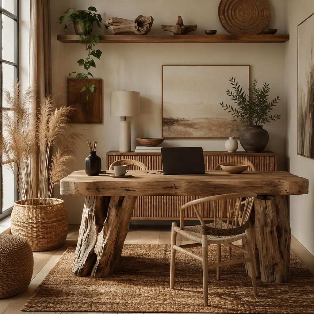 Îlot de cuisine japandi en tons neutres chauds, matières naturelles, plantes, textiles et accents de bois flotté