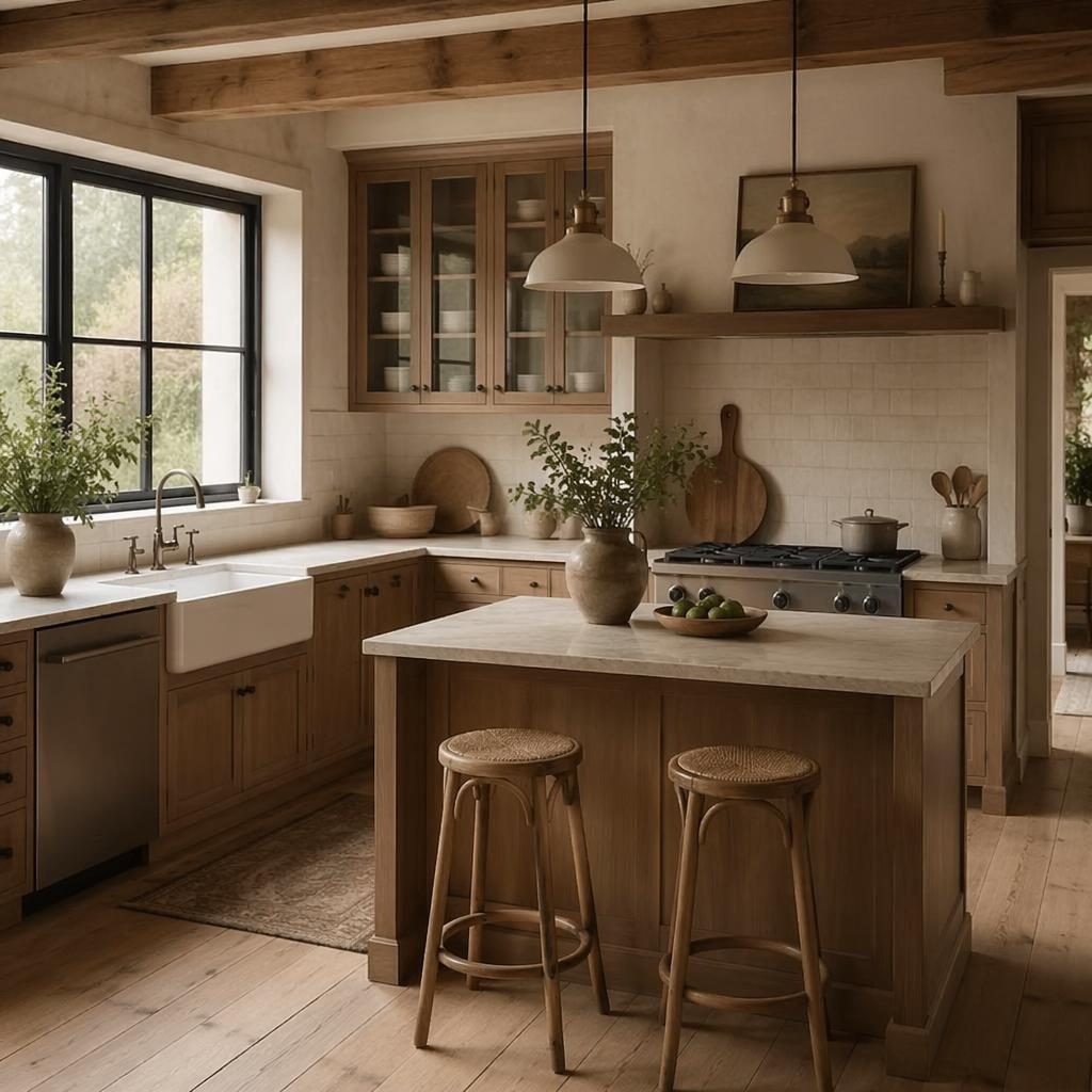 Realistic modern farmhouse kitchen render with warm neutral tones, soft daylight, natural wood, plants, textiles, and art.