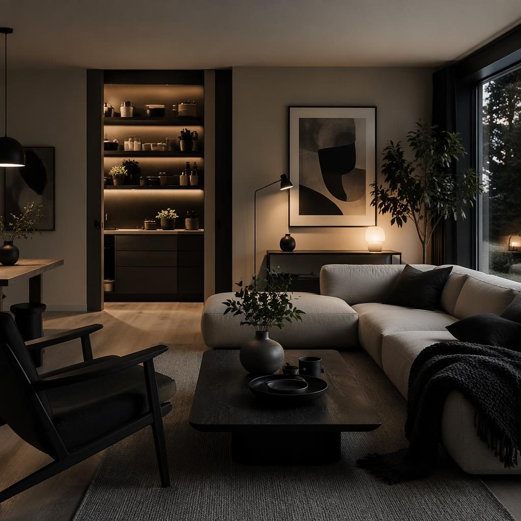 Salon nordico en blanco y negro con luz calida de tarde, materiales naturales, plantas, arte textil y despensa a medida