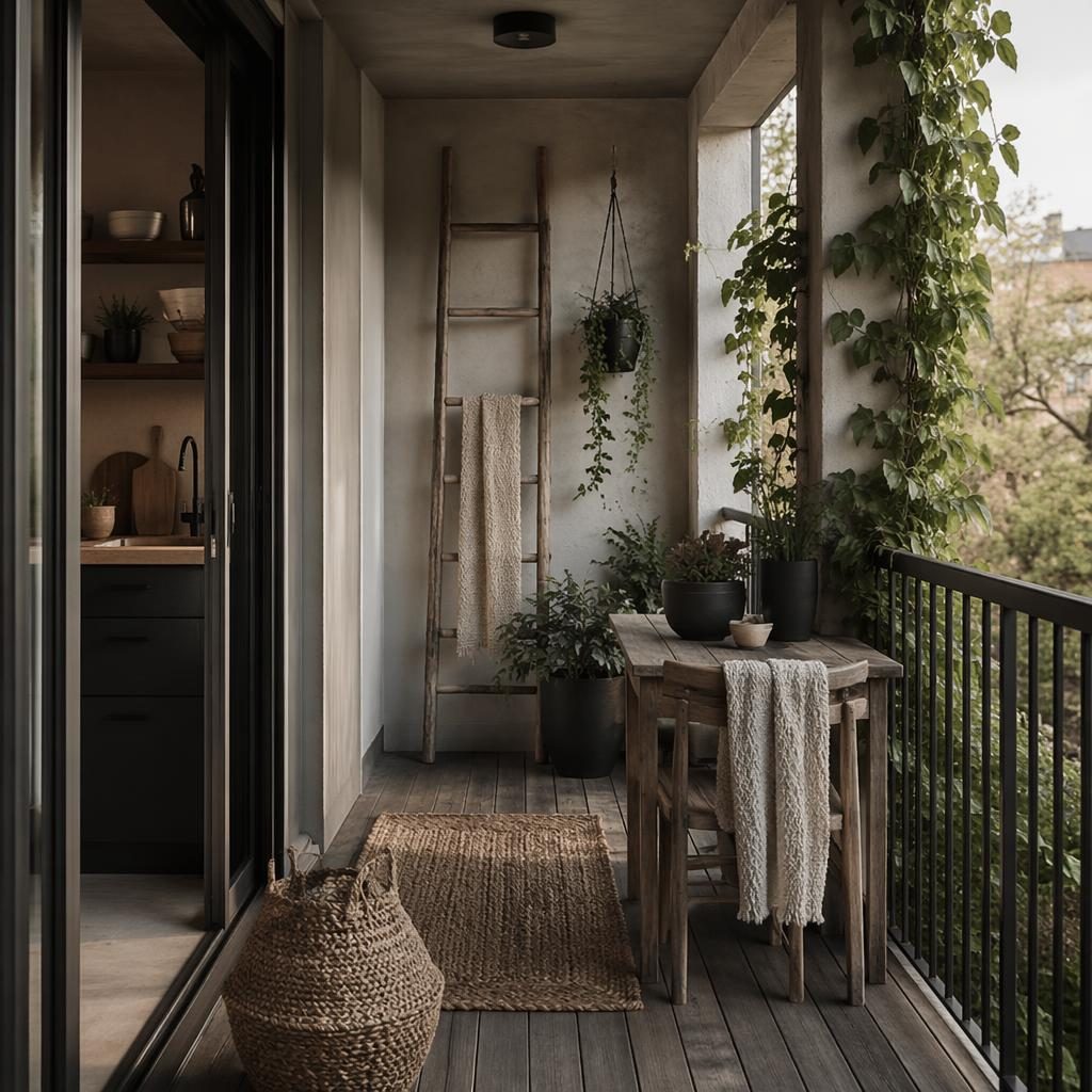 Balcón japandi en blanco y negro con materiales naturales, plantas, textiles y ambiente cinematográfico, sin personas.