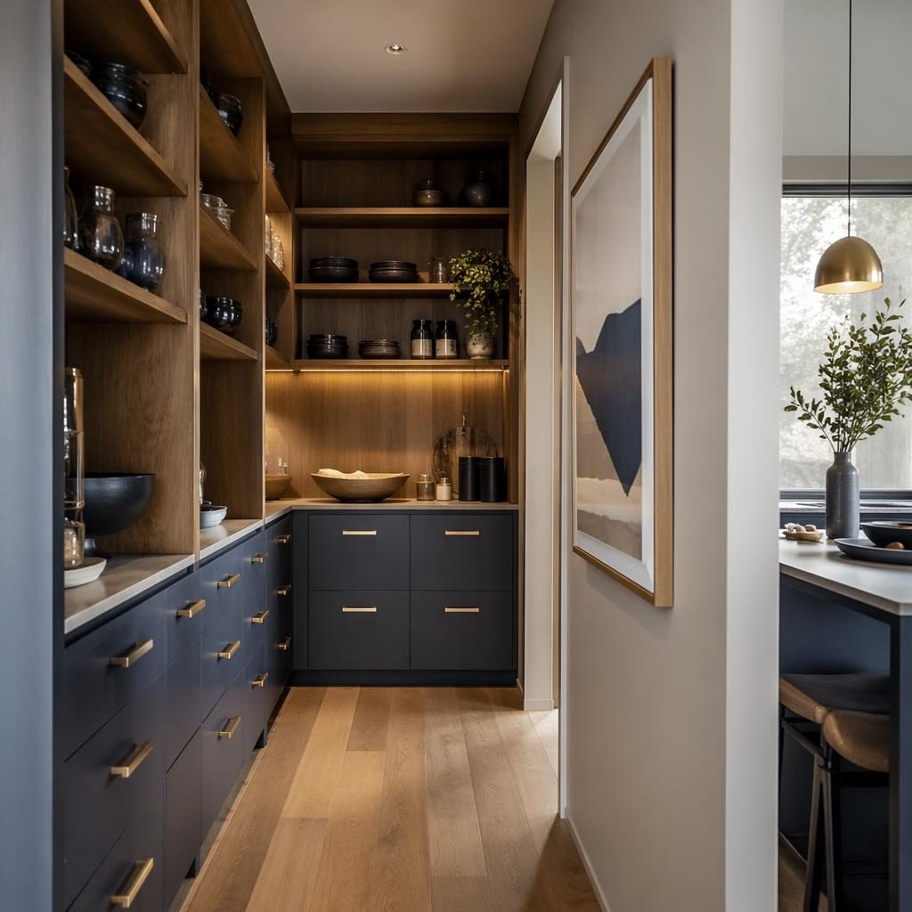 Cocina japandi con despensa walk-in a medida, tonos azul y latón, luz natural suave, plantas y materiales naturales.