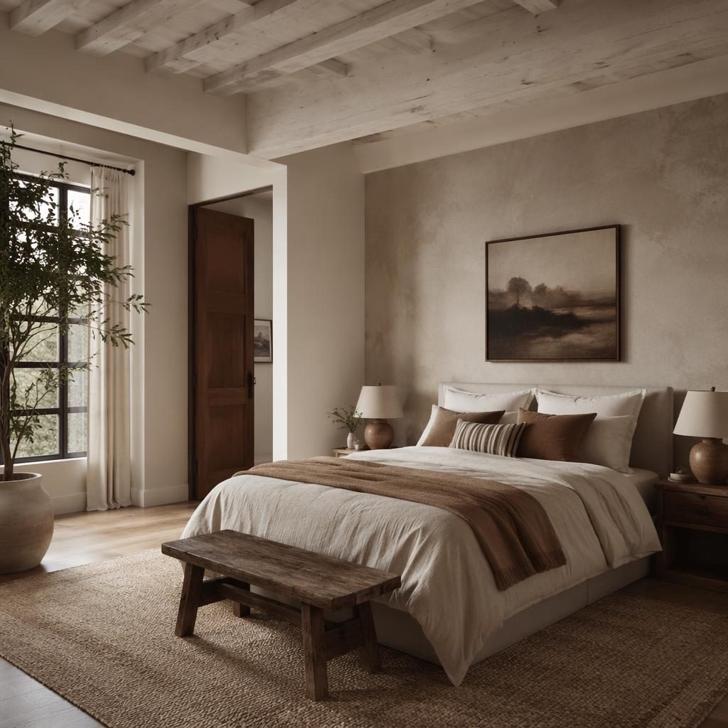 Art deco walk-in closet in a minimalist white loft with pastel pink and beige tones, natural materials, plants, art, and textiles
