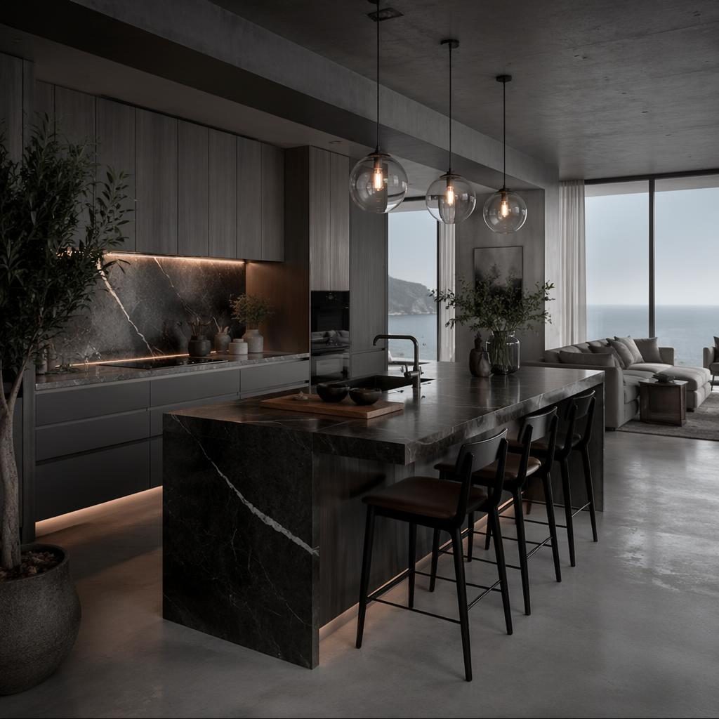 Küsteninspirierter Wohnraum im Penthouse-Stil mit kühlen Grautönen, Naturmaterialien, Pflanzen und stimmungsvoller Beleuchtung