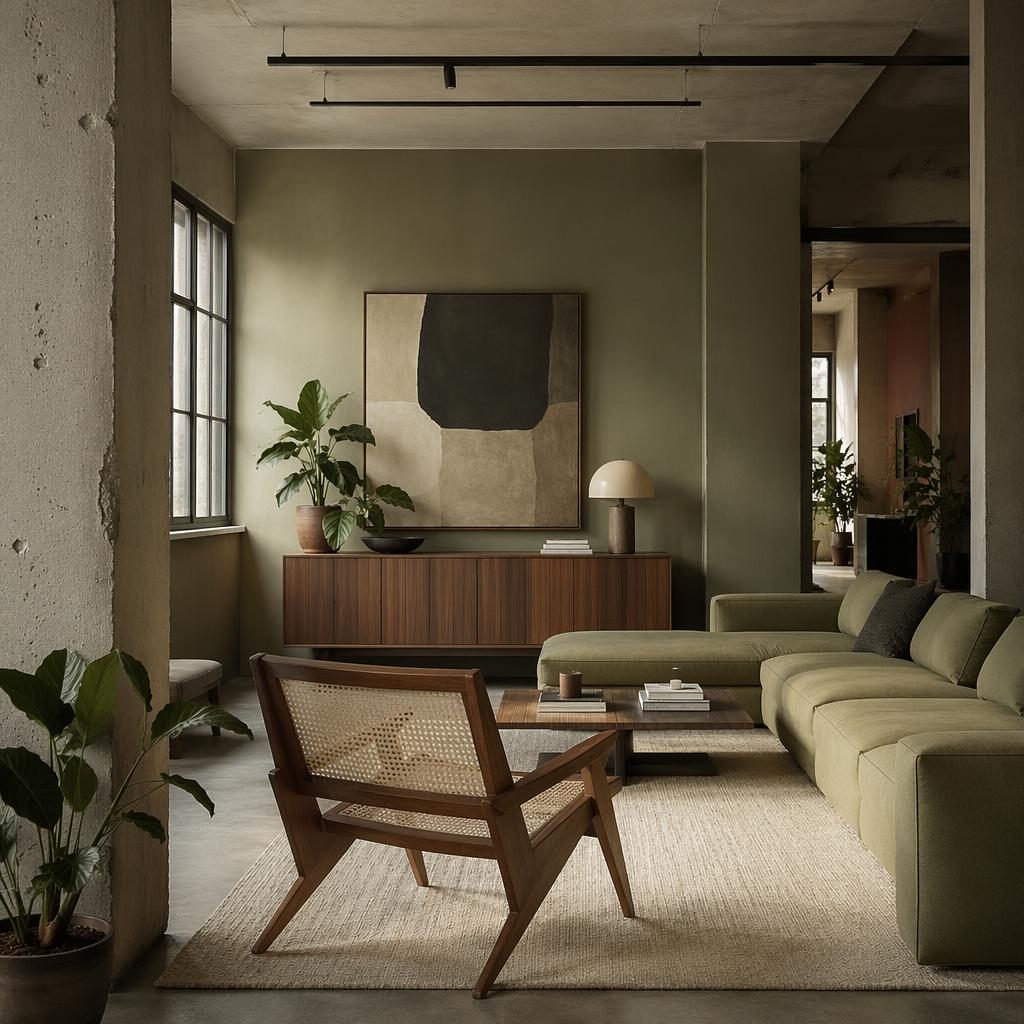Mid-Century Wohnzimmer im Industrial-Loft-Stil in Salbei und Creme mit Naturmaterialien, Pflanzen, Kunst und Textilien