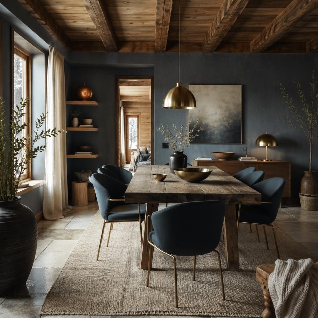Salle de sport scandinave avec matériaux naturels, palette bleu et laiton, lumière douce, plantes et textiles.