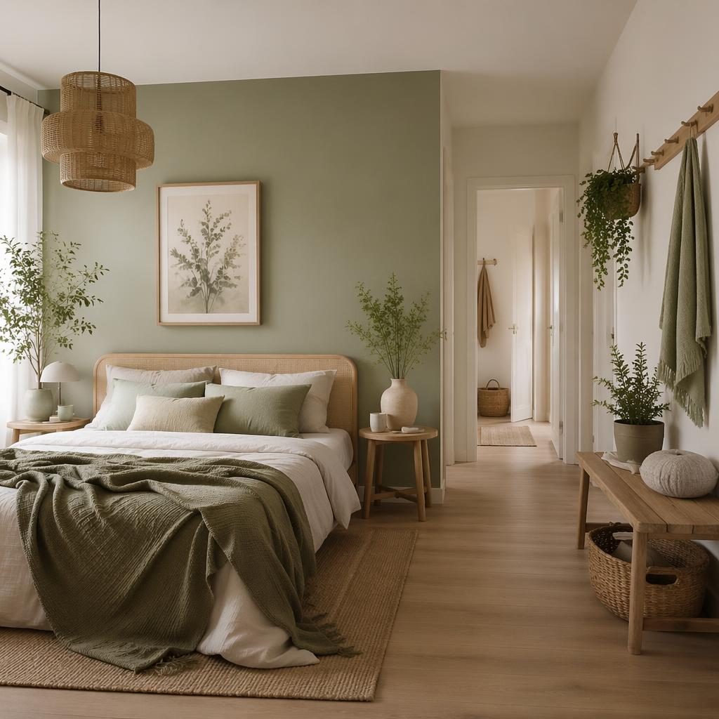 Scandinavian boho bedroom with sage and cream palette, soft daylight, natural wood furniture, plants, textiles, and wall art