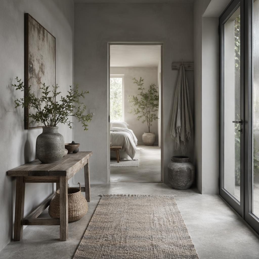 Scandinavian bedroom with wabi-sabi styling, cool grey tones, natural materials, soft daylight, plants, textiles and art