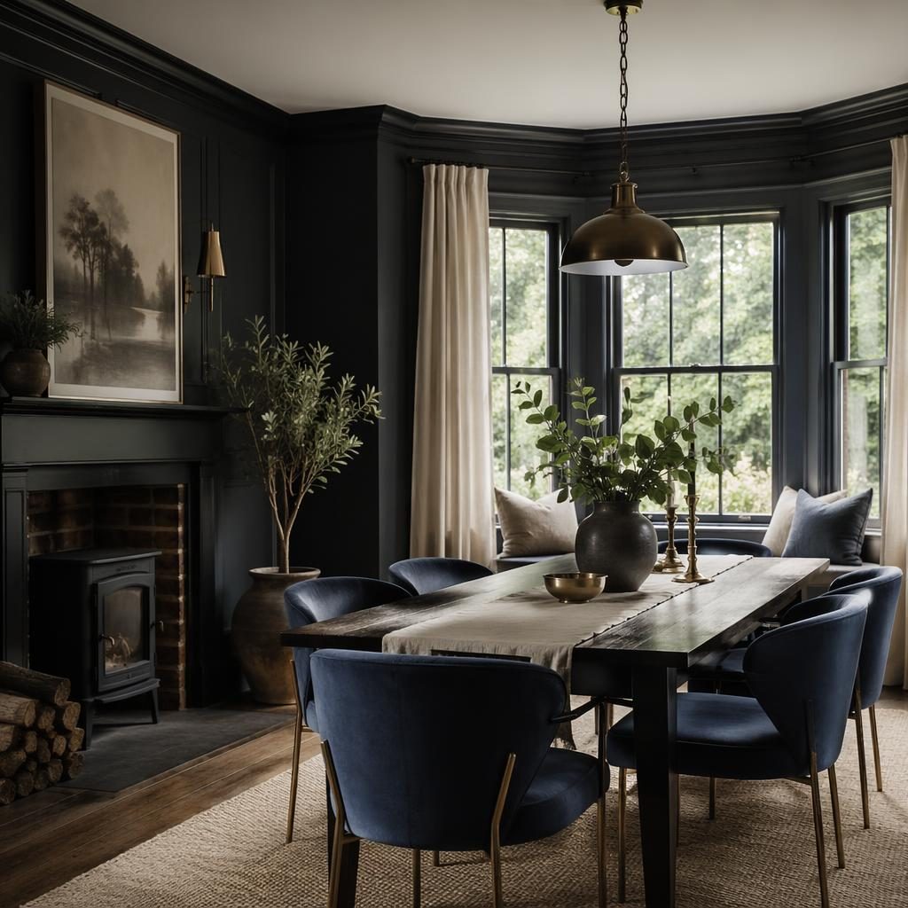 Moody farmhouse dining room with bay window, blue seating, brass accents, black and white palette, plants and art