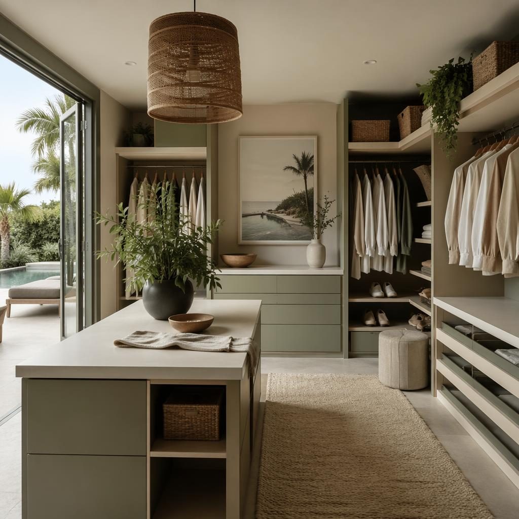 Modern minimalist walk-in closet in sage and cream with natural materials, plants, art, textiles, and exposed pipes.