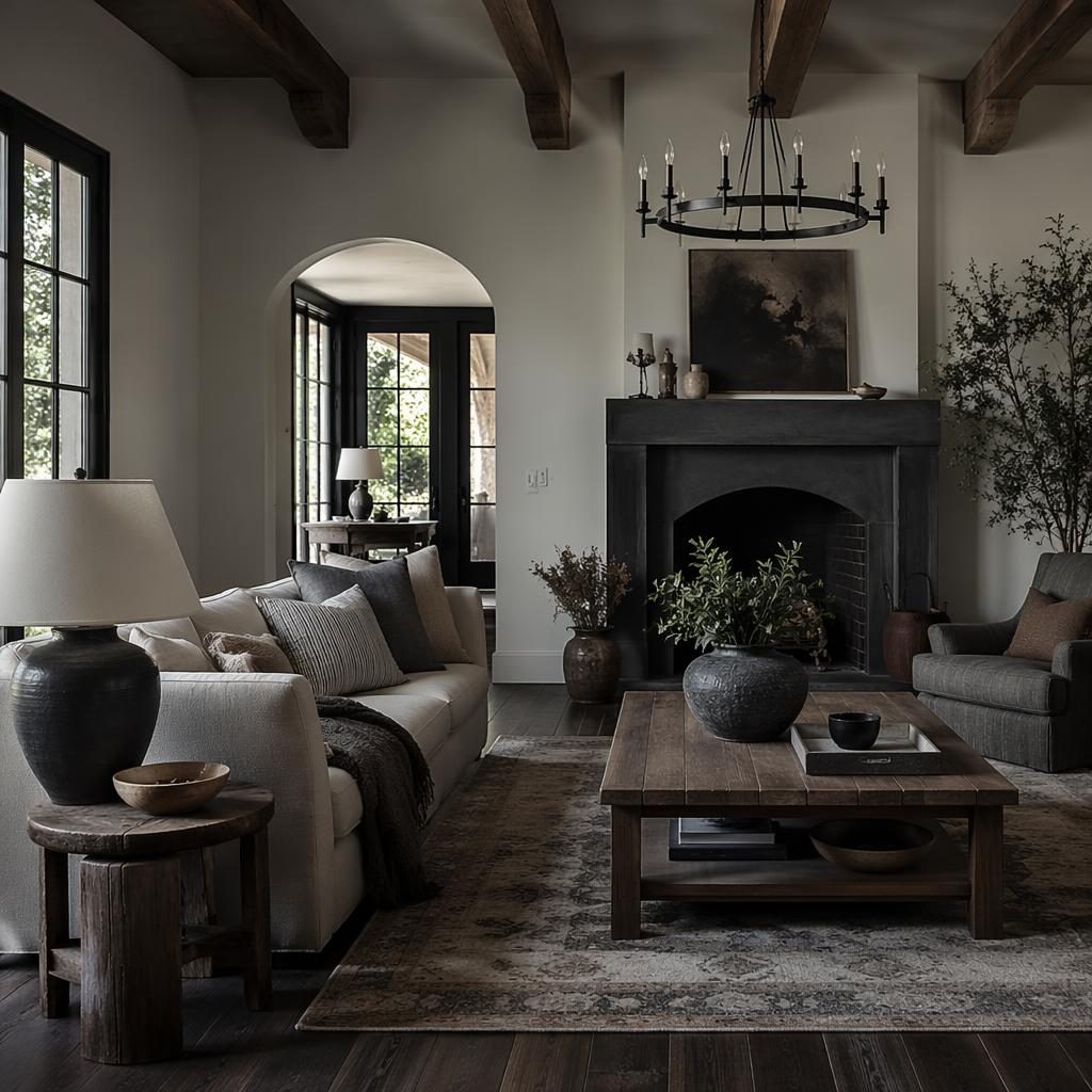 Moody modern farmhouse living room with dark wood floor, cool grey tones, natural textiles, plants, art, and soft light.