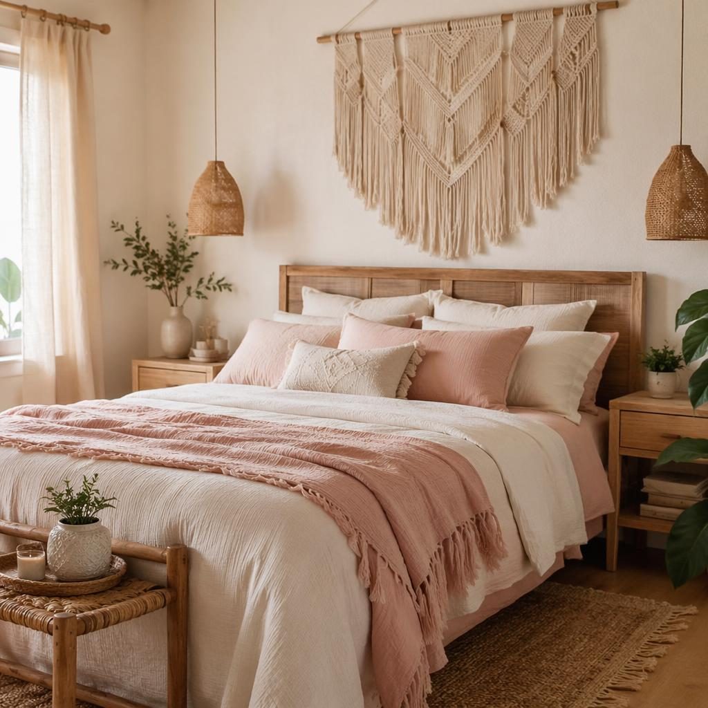 Boho bedroom with macrame wall hanging, pastel pink and beige palette, natural textiles, plants, art, and soft daylight