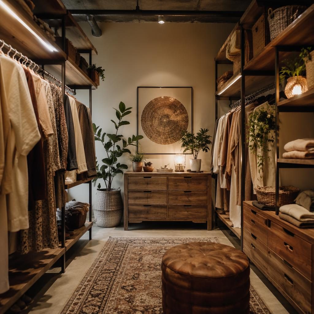 Vestidor tipo walk-in boho en loft industrial, tonos neutros cálidos, madera, textiles, plantas y luz de tarde.
