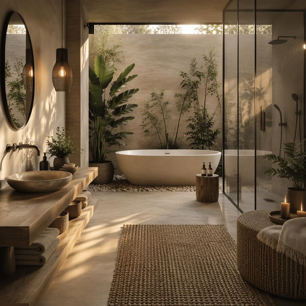 Black and white boho interior render with rattan furniture, plants, textiles, art, and golden hour light, no people.