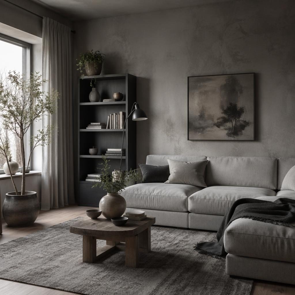 Sala de estar escandinava estilo wabi-sabi en grises fríos, con madera natural, plantas, textiles, arte y luz difusa