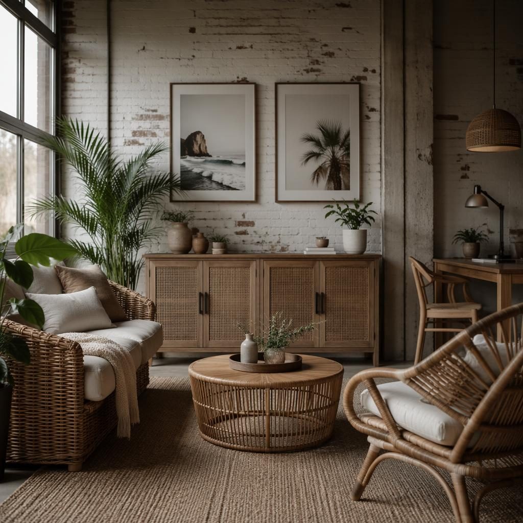 Coastal-inspired home office with boho rattan furniture, warm neutral decor, plants, art, and soft diffused light