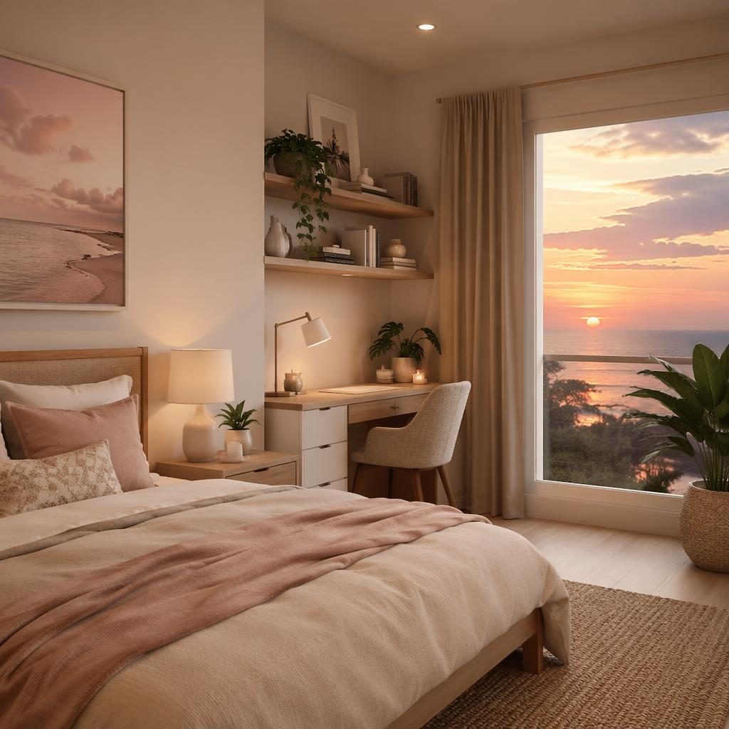 Coastal bedroom interior in pastel pink and beige with open shelving, natural materials, plants, art, textiles, warm evening light