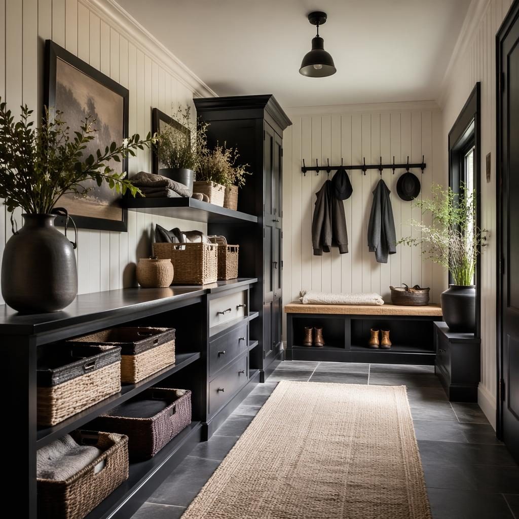 Realistic farmhouse mudroom interior with black and white palette, natural materials, plants, art, textiles, and soft diffused light.