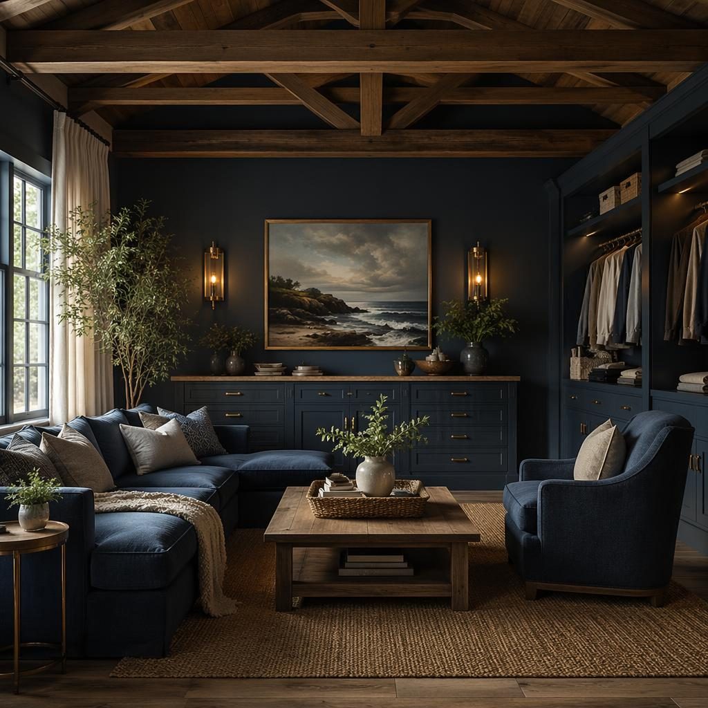 Moody coastal walk-in closet with blue and brass tones, open beams, natural materials, plants, art, and textiles.