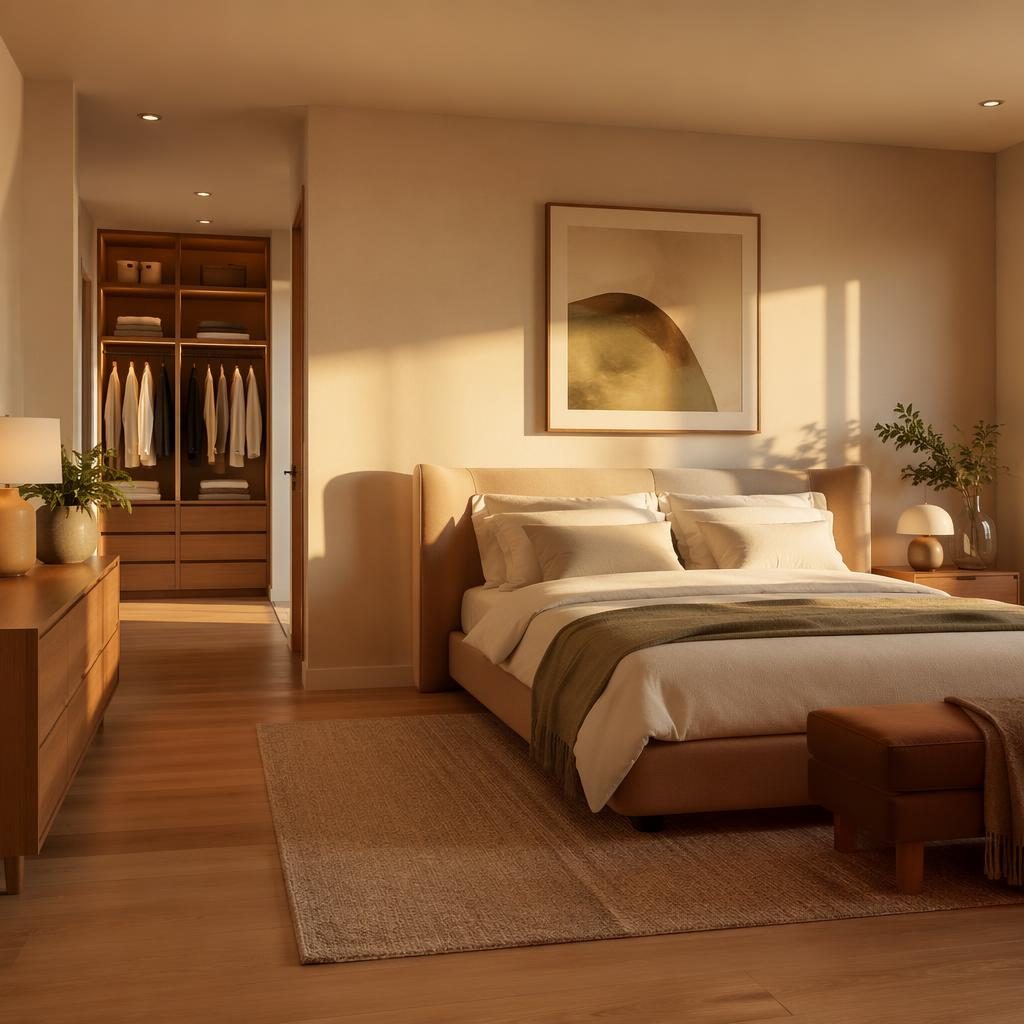 Mid-century bedroom with warm neutral tones, golden hour light, minimalist walk-in closet, plants, art, and textiles.