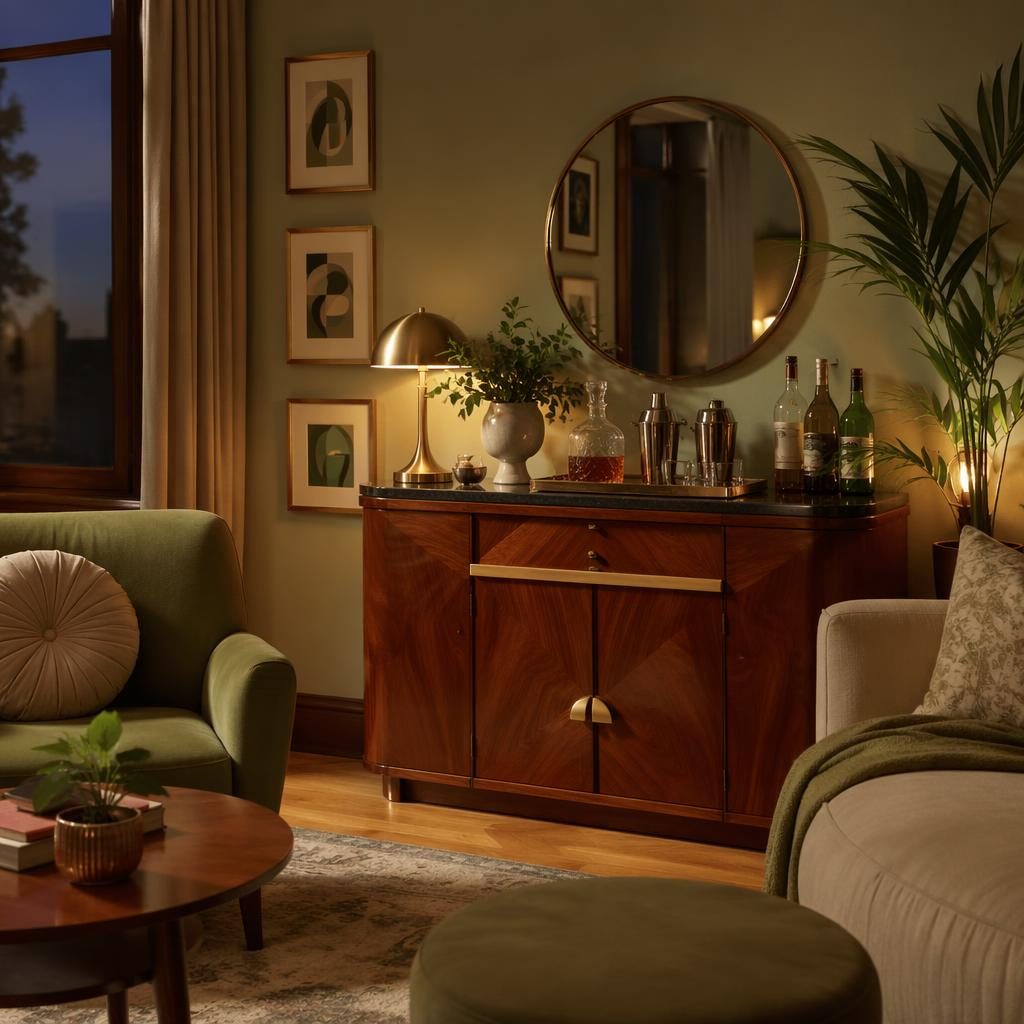 Art deco reading nook with sage and cream tones, mid century home bar, plants, textiles, and warm evening light.