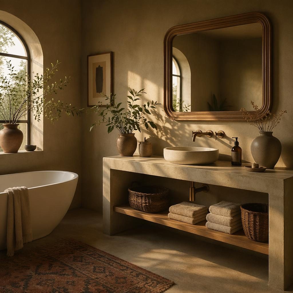 Wabi-sabi bathroom with a framed mirror, sage and cream tones, natural materials, plants, textiles, and golden hour light