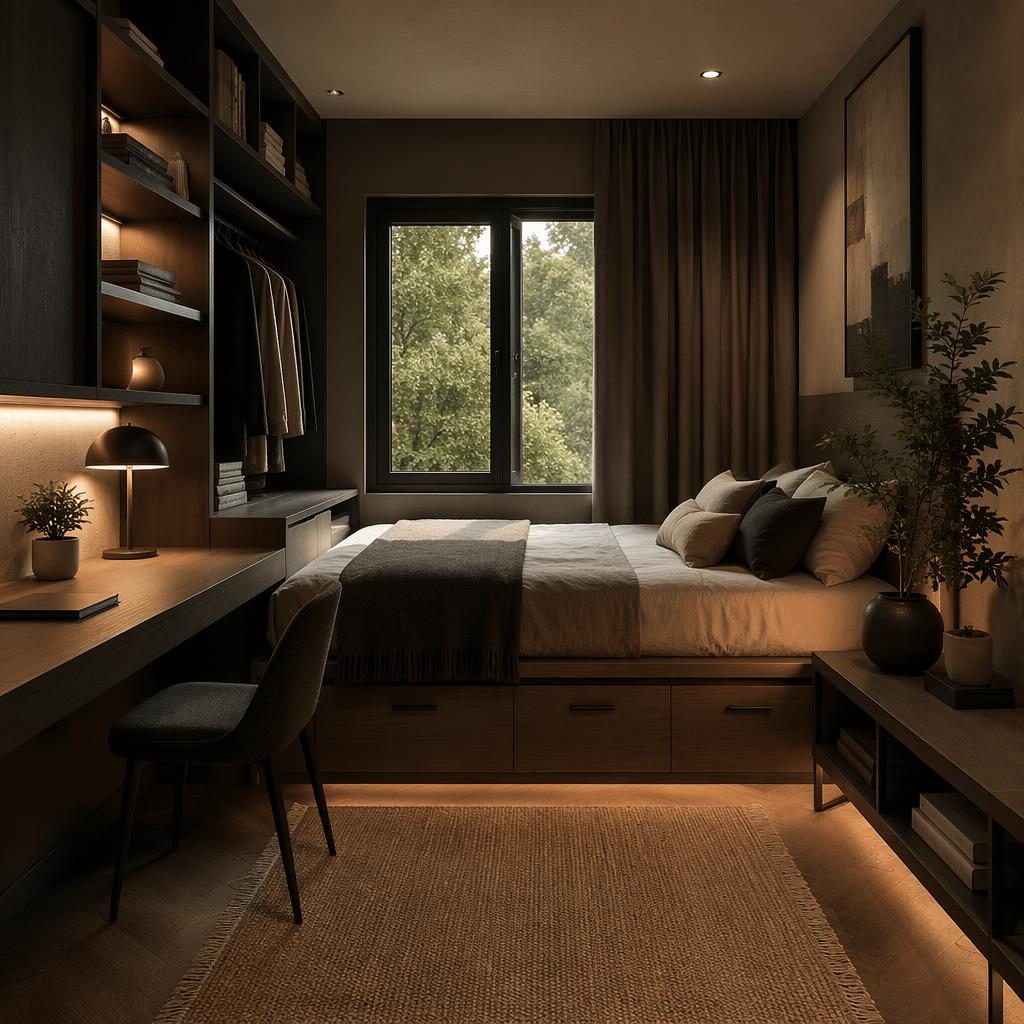 Japandi living room interior render in earth tones with natural wood, soft textiles, plants, wall art, and moody lighting.