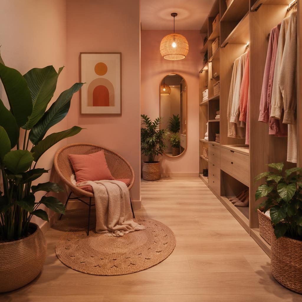 Render fotográfico de vestidor abierto en rosa pastel y beige con rincón de lectura boho, plantas y luz cálida.