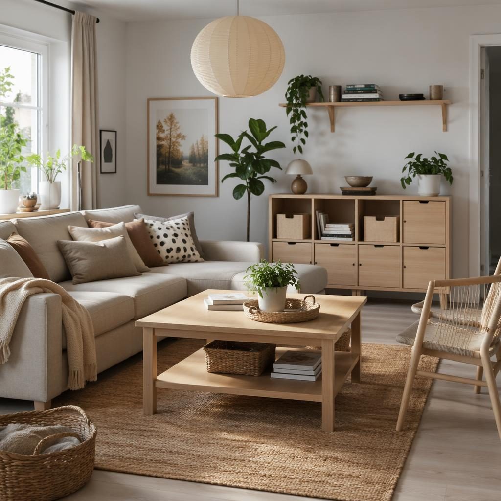 Soggiorno scandinavo con divano modulare, mobili in rovere chiaro, tavolino, piante e luce naturale soffusa