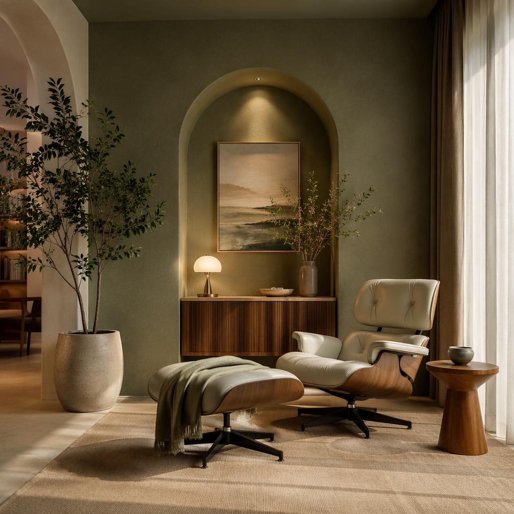 Luxury contemporary entryway with a mid century reading lounge in sage and cream, soft daylight, plants, art, and textiles.