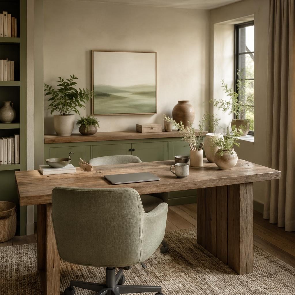 Farmhouse-Mudroom im Wabi-Sabi-Stil mit Salbei-Creme-Palette, Holz, Bank, Pflanzen, Textilien und weichem Tageslicht