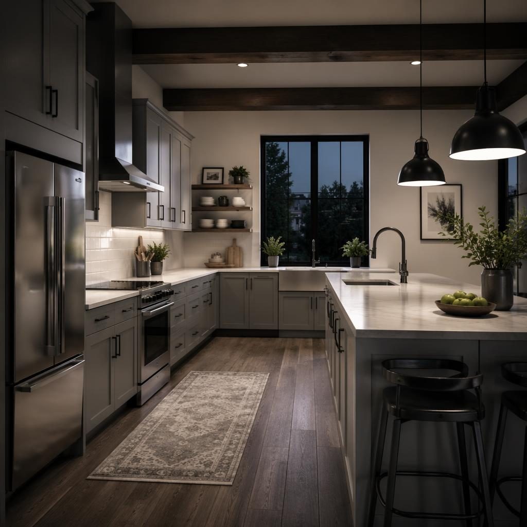 Scandinavian home gym interior with gray and white kitchen cabinets, black and white palette, plants, textiles, and warm evening light.
