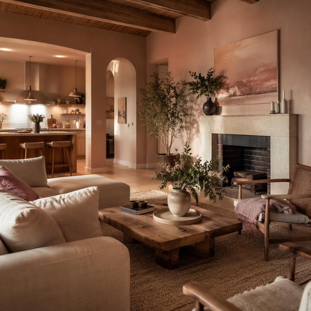 Salon farmhouse moderne aux tons rose pastel et beige, lumière du soir, matières naturelles, plantes et textiles, sans personne.