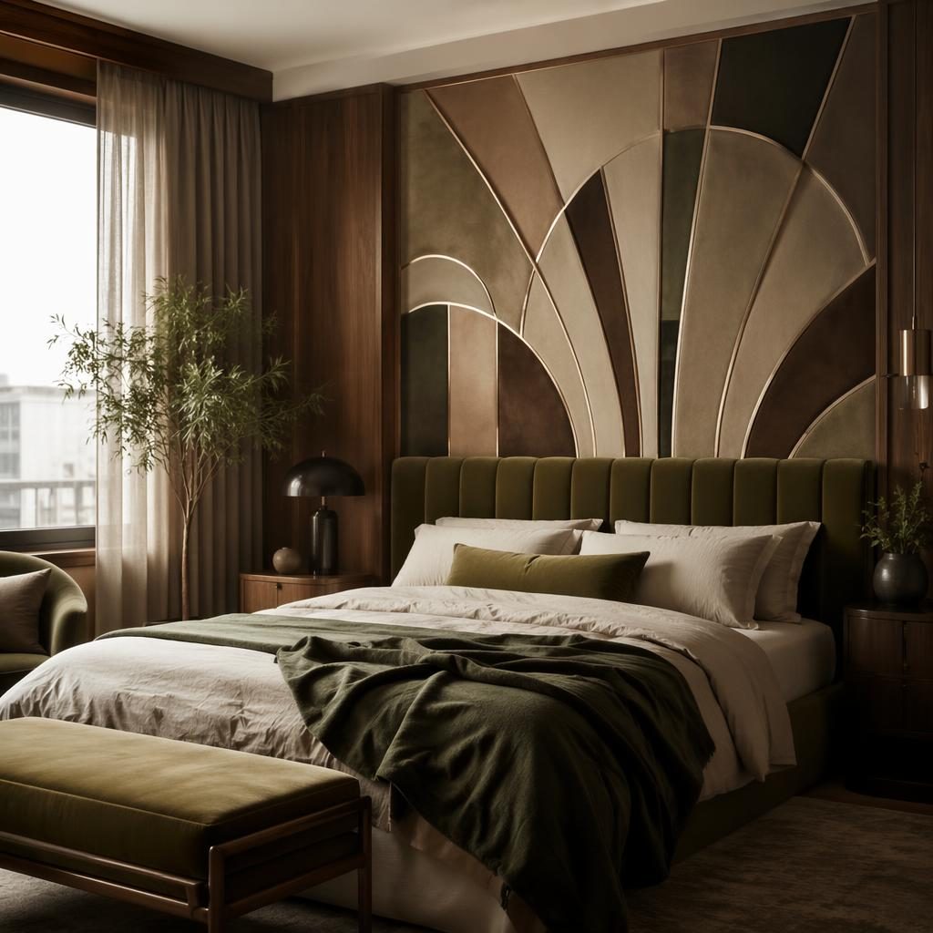 Chambre art déco en velours, tons terre, mur décoratif, mobilier soigné, plantes, textiles et lumière diffuse