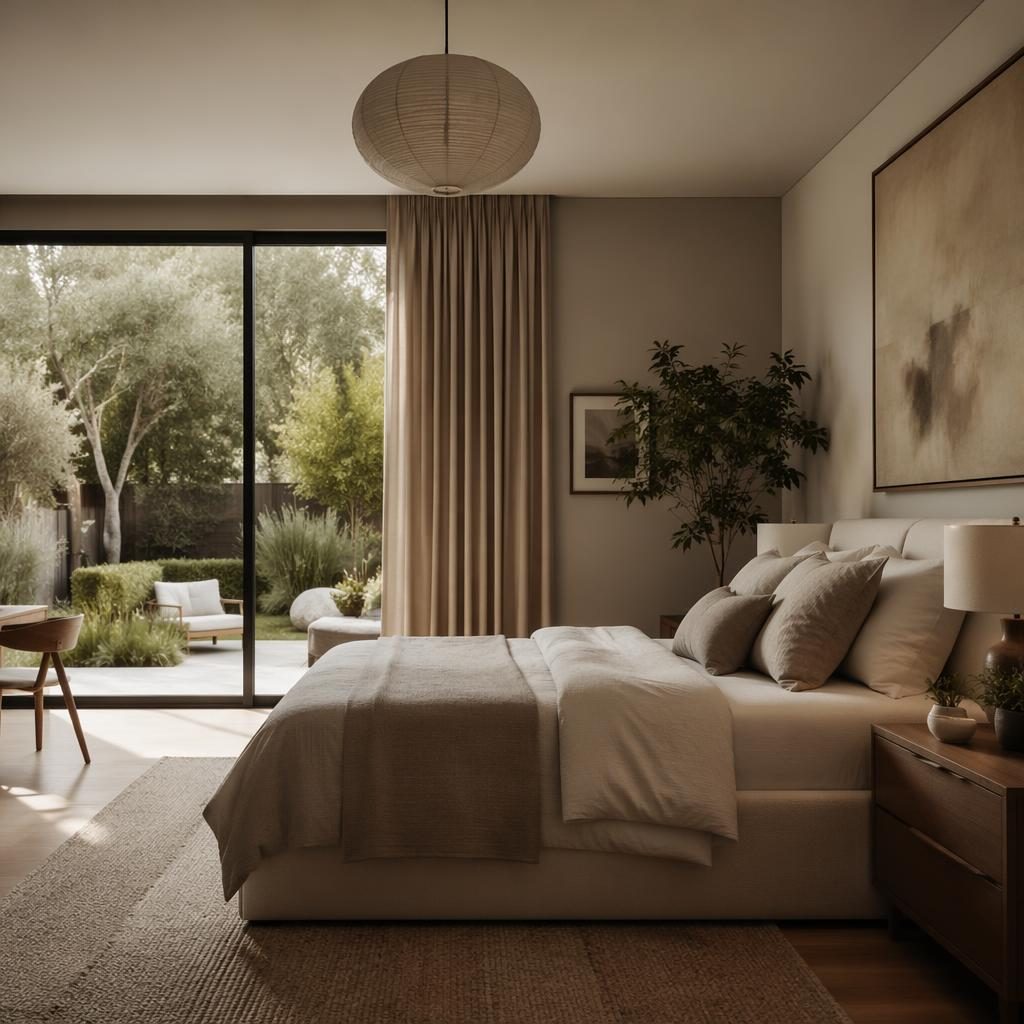 Scandinavian bedroom interior render with warm neutral palette, natural wood, soft textiles, plants, art, and moody light