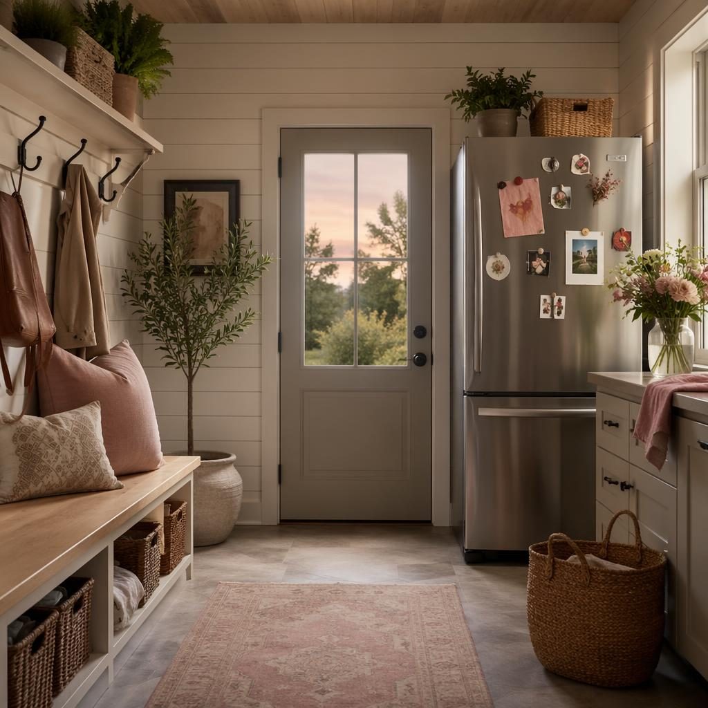 Mudroom estilo farmhouse con tonos rosa pastel y beige, madera natural, banco, textiles, plantas y luz cálida de tarde.