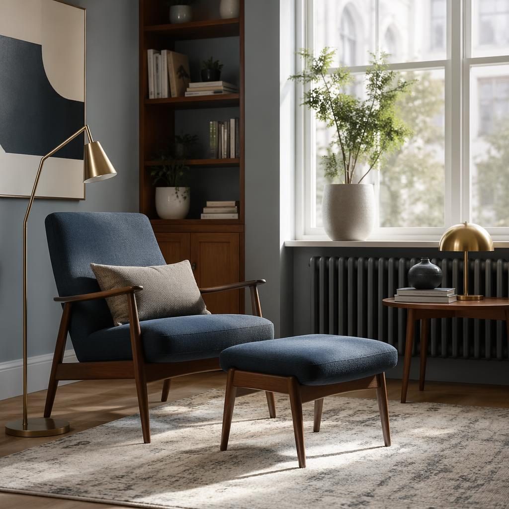 Scandinavian mid century reading nook with blue seating, brass accents, plants, art, textiles, and soft daylight