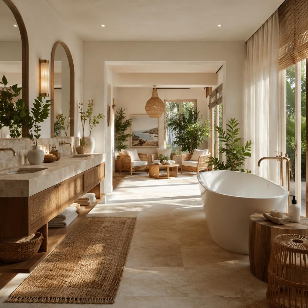 Salle de bain contemporaine luxueuse aux tons terre, rotin style véranda côtière, lumière douce, plantes et textiles.