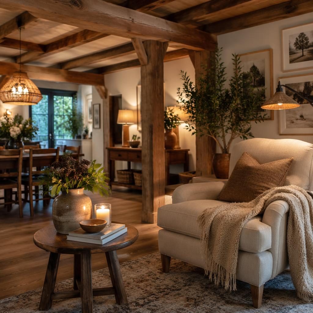 Realistic farmhouse dining and reading nook with open beams, warm neutral decor, plants, textiles, art, and evening light