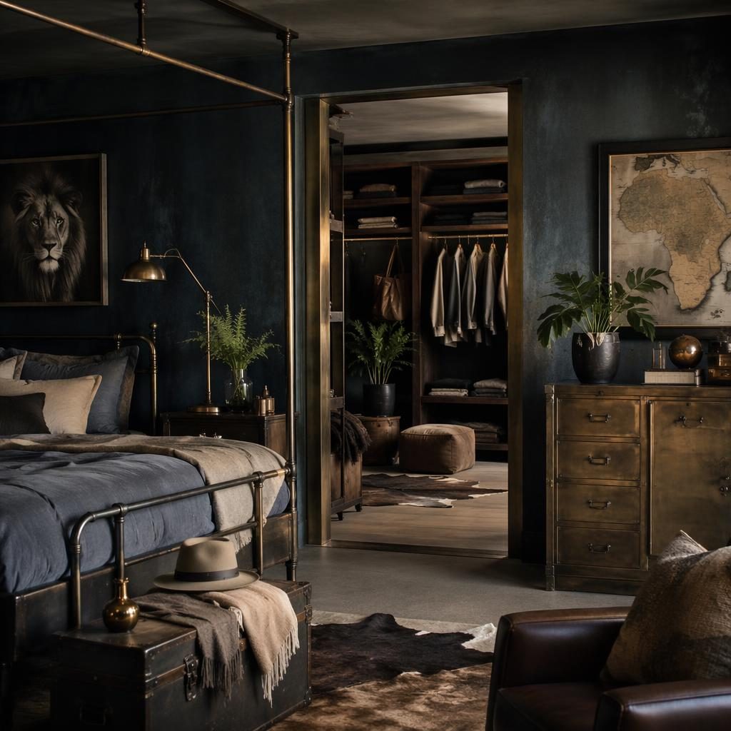 Walk-in closet interior with safari decor, blue and brass accents, metal frame furniture, plants, art, and textiles.