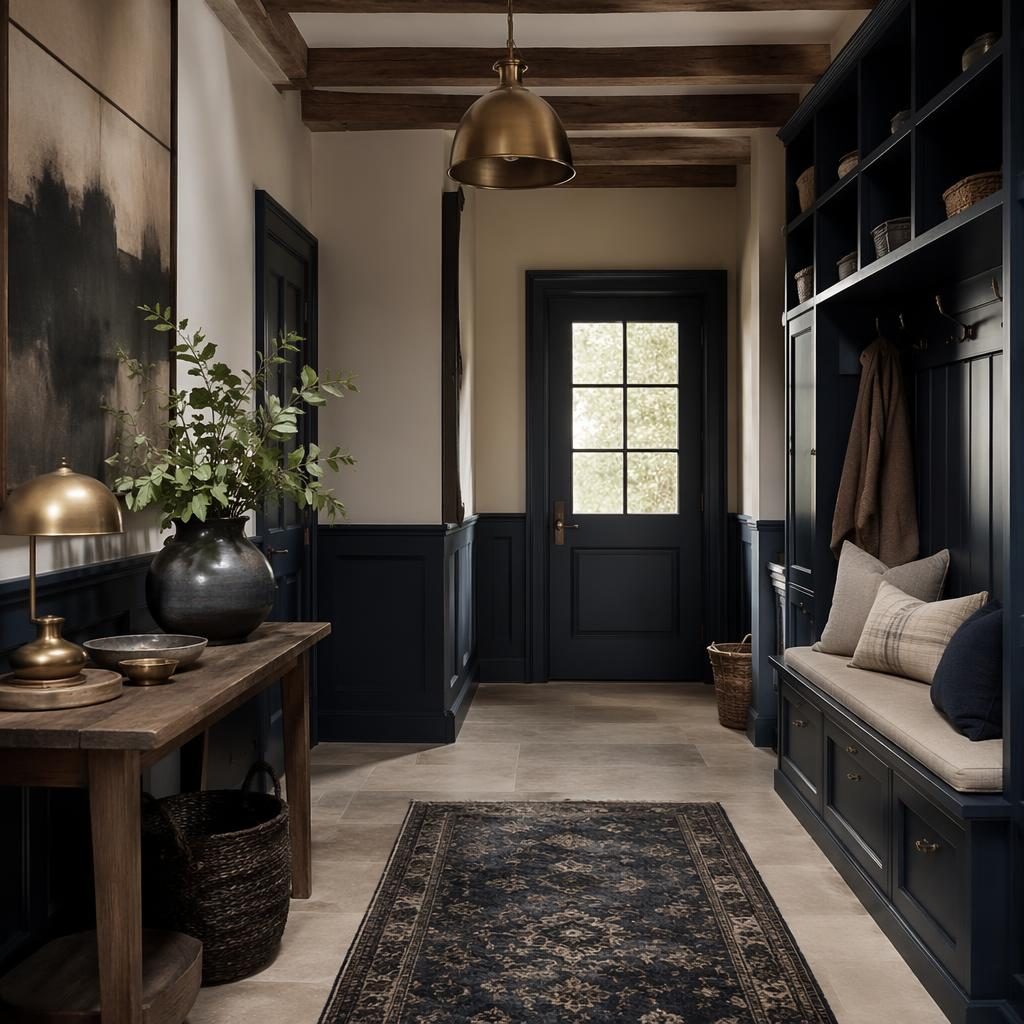 Scandinavian farmhouse mudroom with blue and cream tones, brass accents, wood bench, plants, textiles, and moody lighting