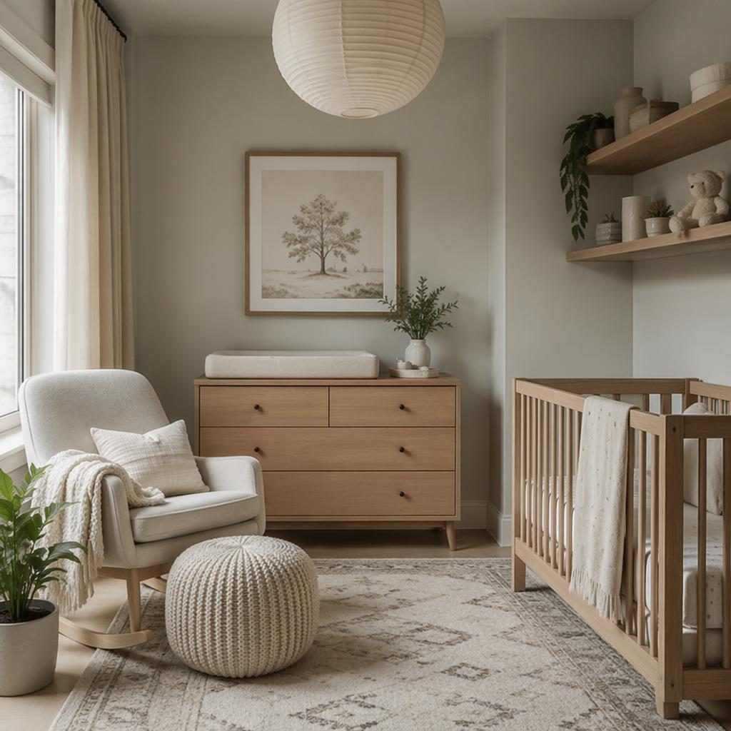 Scandinavian nursery interior render with cool grey palette, natural wood, soft daylight, plants, textiles and art