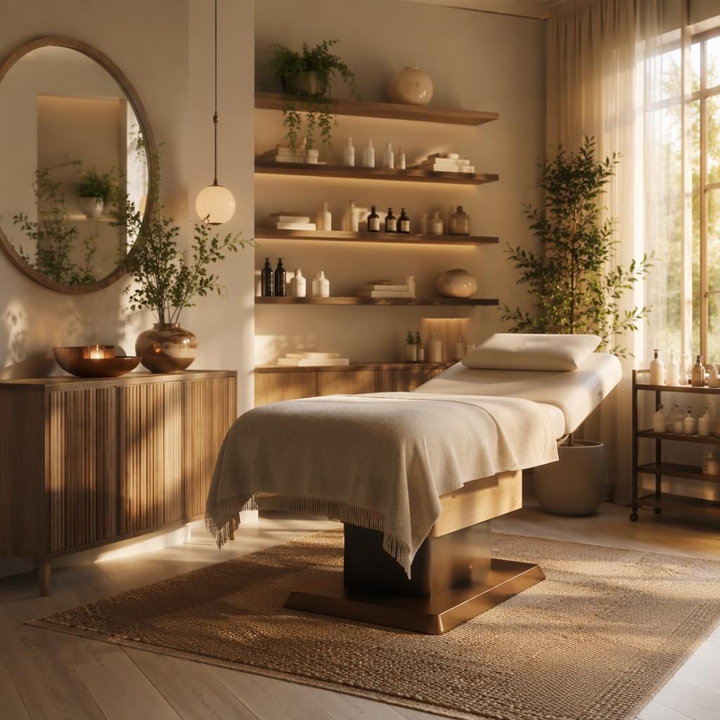 Japandi bedroom with earth-tone textiles, wood furniture, plants, wall art, and golden hour light in a calm styled interior
