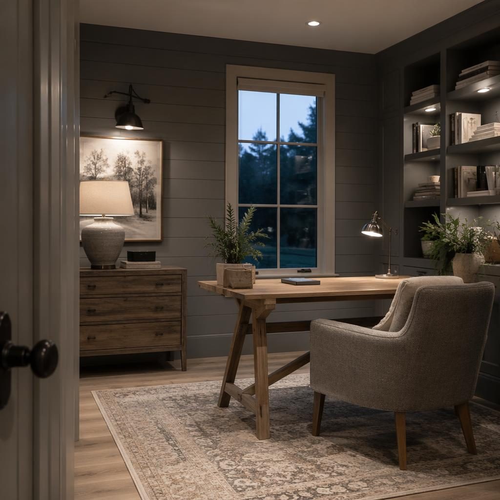 Chambre scandinave en gris frais, lumière du soir, bois naturel, textiles, plantes, art mural et mobilier épuré.
