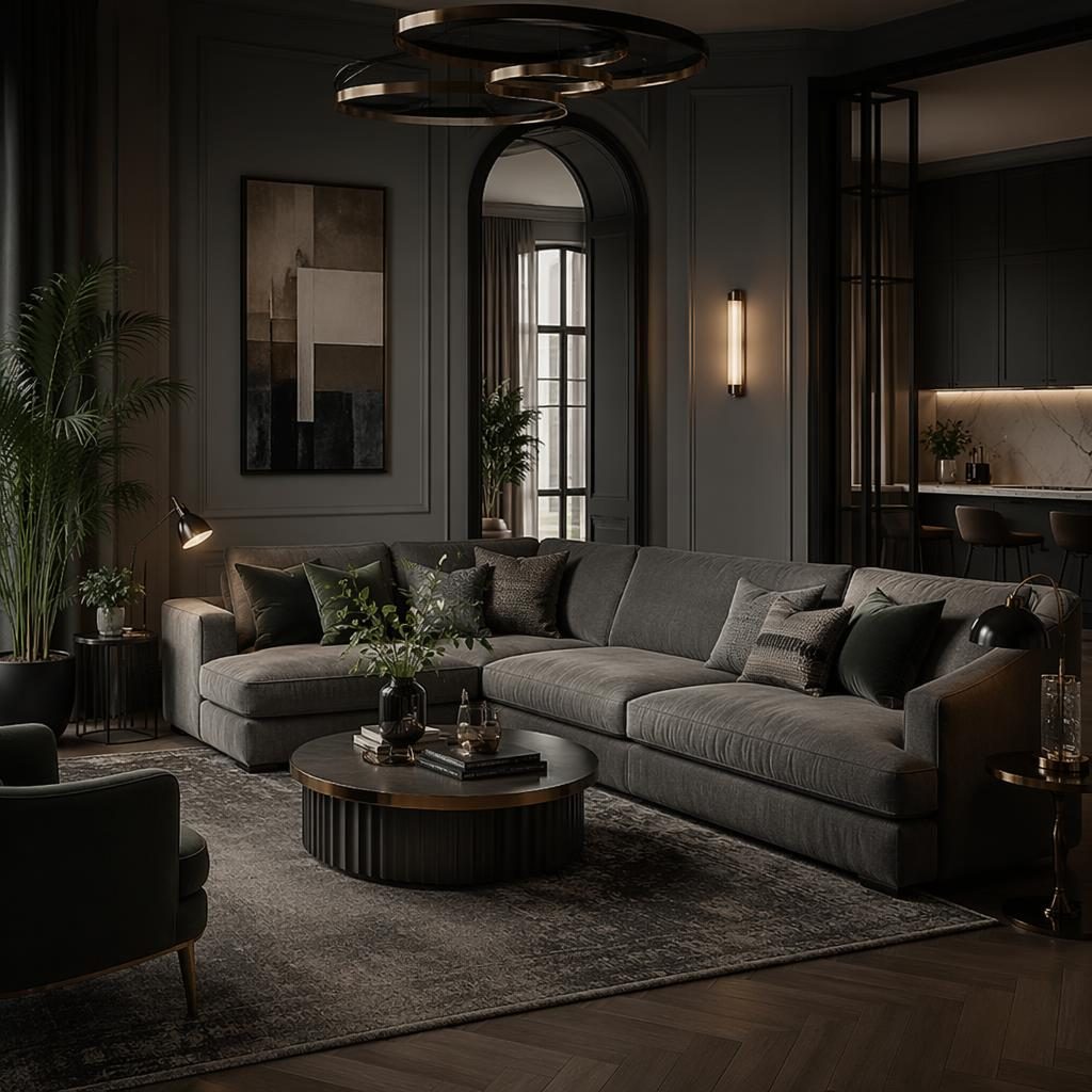 Moody Scandinavian kitchen with cool grey palette, sectional sofa, natural materials, plants, textiles, and art.