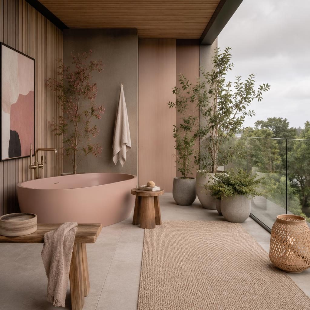 Japandi-Balkon mit pastellrosa-beiger Palette, Naturmaterialien, Pflanzen, Textilien und weichem diffusen Licht