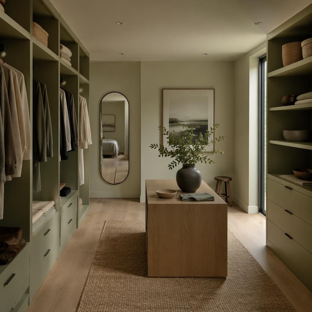 Modern Scandinavian kitchen in sage and cream with natural wood, plants, art, textiles, and moody ambient light.