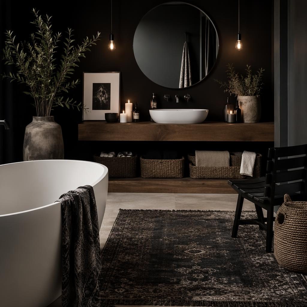 Baño boho en blanco y negro con luz tenue, materiales naturales, plantas, textiles y estilo cinematográfico lujoso