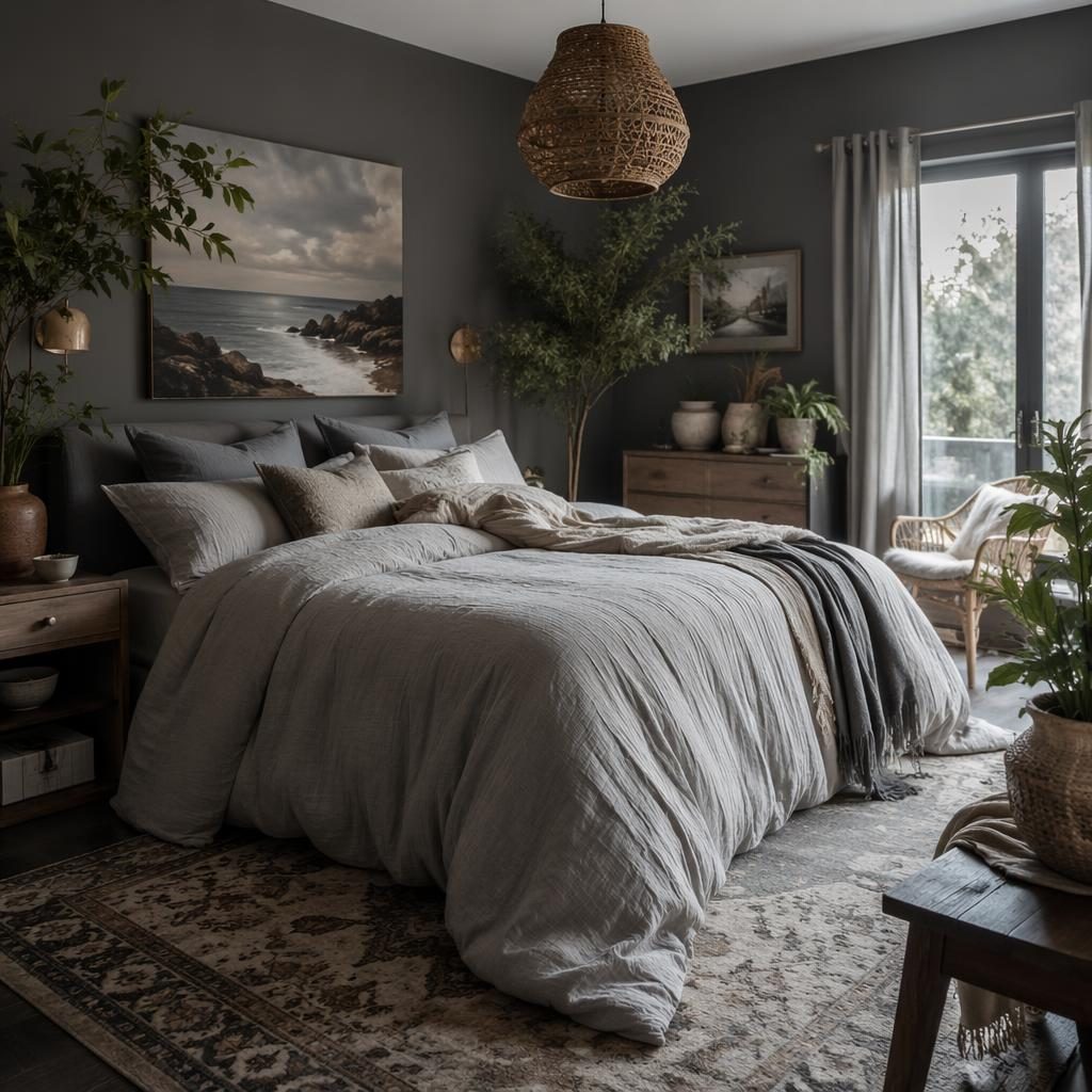 Moody interior scene with coastal bedroom linen, layered textiles, plants, art, and cool grey tones in a styled room