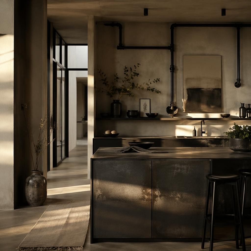 Wabi-Sabi Küche in Schwarz-Weiß bei golden hour, mit Naturmaterialien, Pflanzen, Kunst, Textilien und sichtbaren Industrial-Rohren